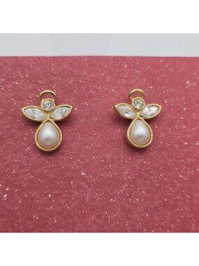 Avon Angel Earrings Gold-Tone & Faux Pearl With Clear Crystal Accents 1"